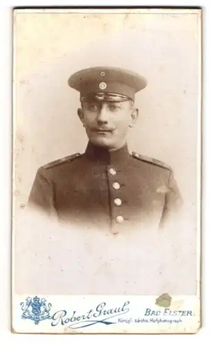 Fotografie Robert Graul, Bad Elster, Portrait Brustbild Soldat in Uniform mit Moustache