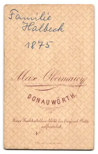 Fotografie Max Obermaier, Donauwörth, Portrait Familie Halbeck im Gründerzeitkleid und Anzug mit Haube