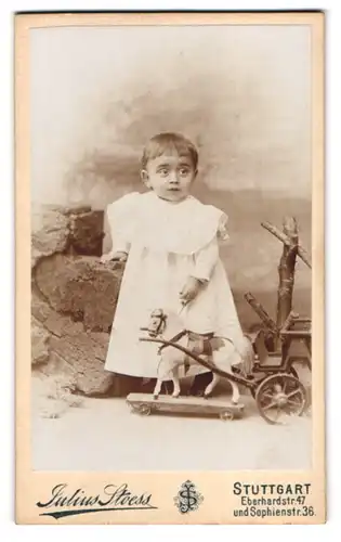 Fotografie Julius Stoess, Stuttgart, Eberhardstr. 47, kleines Kind im weissen Kleidchen mit Holzpferd samt Waagen