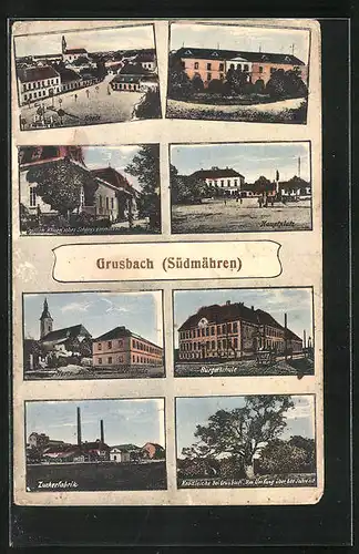 AK Grusbach in Südmähren, Gräflich Khuen`sches Schloss Emmahof, Knödleiche, Bürgerschule, Zuckerfabrik