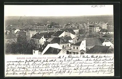 AK Joslowitz, Blick über die Dächer auf Landschaft