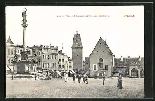 AK Znaim, Unterer Platz mit Kapuzinerkirche und Wolfsturm