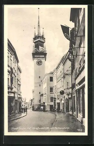 AK Znaim, Strasse der SA mit Rathausturm