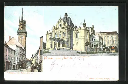 AK Znaim, Stadttheater, Füttergasse und Rathausturm