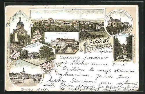 Lithographie Rychnov n. K., Kostel sv. Trojice, gymnasium, Nový zámek, Námestí