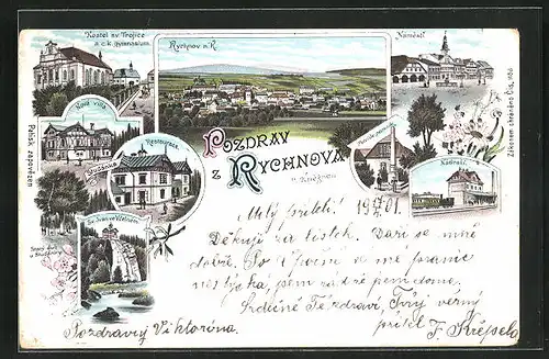 Lithographie Rychnov n. K., Restaurace, Námestí, petcluv pomnik