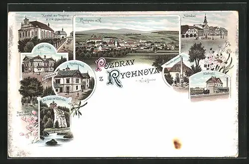 Lithographie Rychnov n. K., Restaurance, Studánka, Nová villa, Námestí, Nádrazí