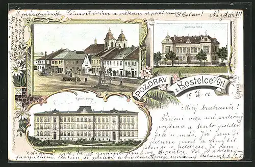 Lithographie Adler Kosteletz / Kostelec nad Orlici, Skola, Reálne skoly, Námestí