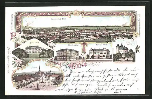 Lithographie Adler Kosteletz / Kostelec nad Orlici, Nový zámek, Obecní rea'lka, Kostel sv. Jiri