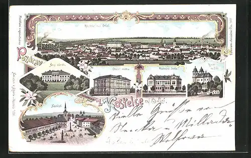 Lithographie Adler Kosteletz / Kostelec nad Orlici, Nový zámek, Obecní reálka, Kostel sv. Jiri