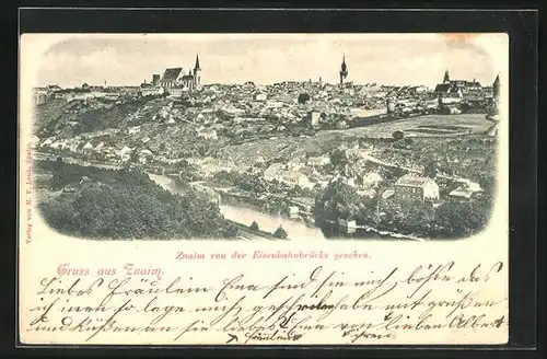 AK Znaim, Teilansicht von der Eisenbahnbrücke gesehen
