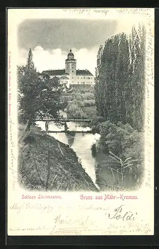 AK Mähr.-Kromau, Flusspartie mit Schloss Liechtenstein