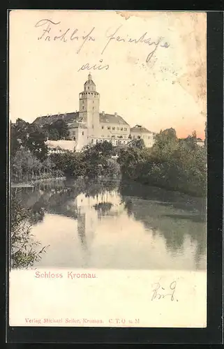 AK Mähr.-Kromau, Blick auf das Schloss vom Wasser aus