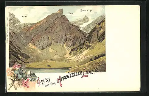 Lithographie Seealp, Gebirgsidylle am See