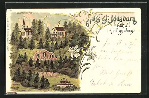 Lithographie St. Iddaburg, Teilansicht mit Lourdes Grotte