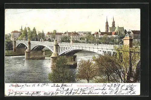 AK Basel, Wettsteinbrücke mit Pfalz