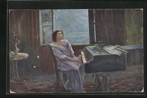 Künstler-AK Fr. Klimes: In Gedanken bei ihm, Frau beim nächtichen Klavierspielen