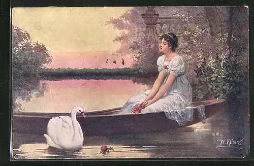 Künstler-AK Fr. Klimes: Junge Frau auf dem See mit Schwan