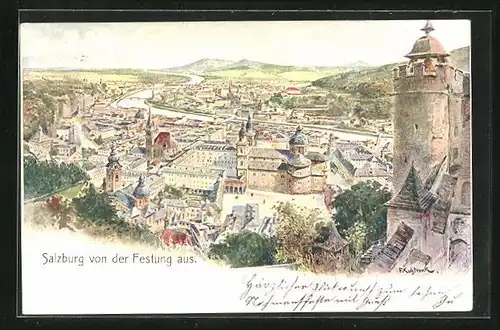 Künstler-AK Franz Kulstrunk: Salzburg, Aussicht von der Festung auf die Stadt