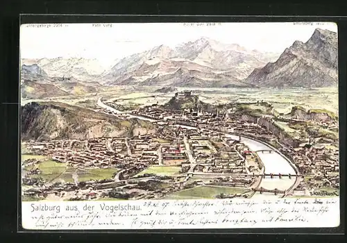 Künstler-AK Franz Kulstrunk: Salzburg, Ortsansicht mit Fluss und Untersberg