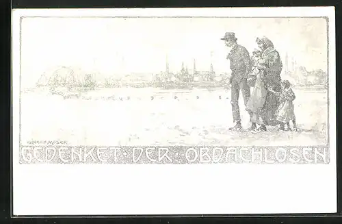 Künstler-AK Richard Moser: Obdachlose Flüchtlinge, Stadt in der Ferne