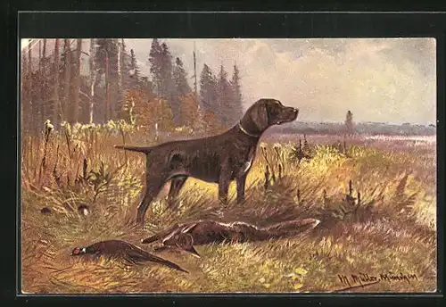 Künstler-AK M. Müller jun.: Jagdhund mit erlegtem Fuchs