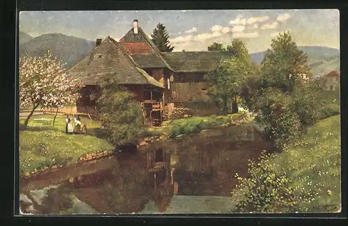 Künstler-AK Heinrich Hoffmann: Flusspartie mit Haus, Schwarzwaldserie