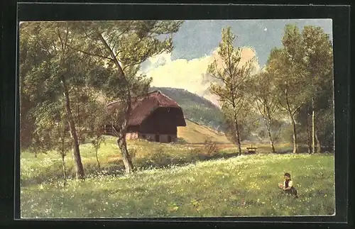 Künstler-AK Heinrich Hoffmann: Schwarzwaldserie, Mädchen auf Blumenwiese im Sommer