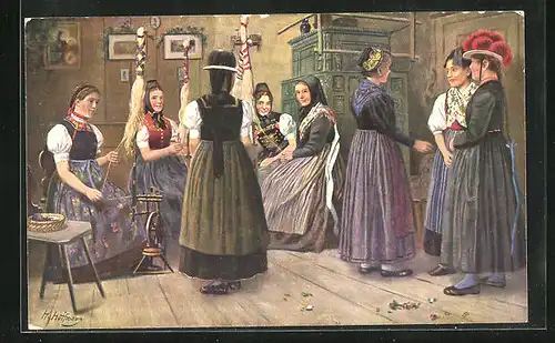 Künstler-AK Heinrich Hoffmann: Schwarzwaldserie, Frauen in Trachten beim Spinnen