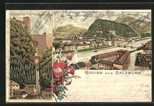 Lithographie Salzburg, Hohensalzburg, Teilansicht mit Kapuzinerberg und Gaisberg