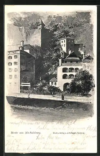 Künstler-AK Salzburg, Ortspartie mit Uferpromenade