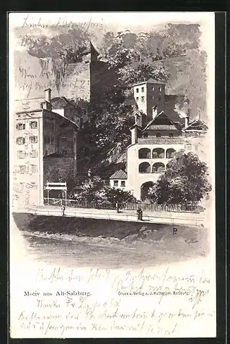 Künstler-AK Salzburg, Ortspartie mit Uferpromenade