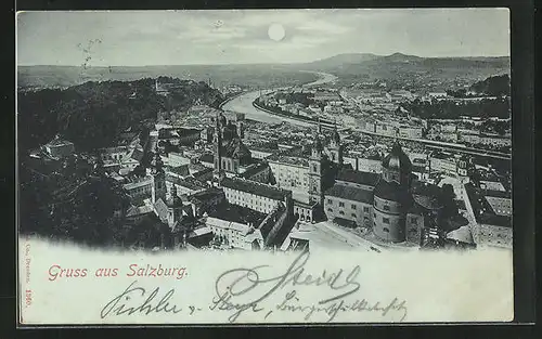 Mondschein-AK Salzburg, Totalansicht im Mondlicht