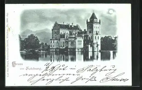 Mondschein-AK Salzburg, Schloss Anif im Mondlicht