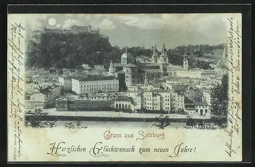 Mondschein-AK Salzburg, Teilansicht mit Hohensalzburg