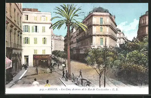 AK Algerien, Les Cinq Avenues et la Rue de Constatine, Cafe du Palmier