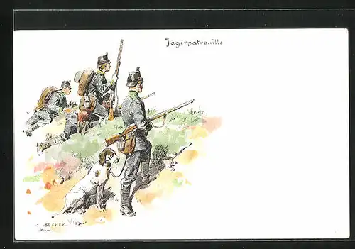 Künstler-AK Carl Becker: Soldaten mit Tschako, Jägerpatrouille