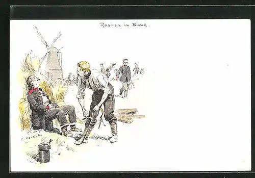 Künstler-AK Carl Becker: Rasieren im Biwak
