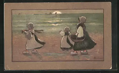 Künstler-AK S. Barham: Drei Mädchen am Strand im Sonnenuntergang