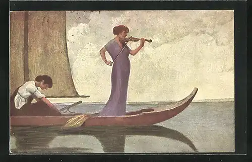 Künstler-AK St. Bender: Zartes Geigenspiel in der Gondel auf dem Wasser