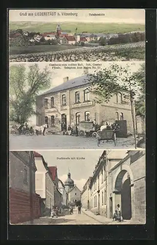 AK Liederstädt bei Vitzenburg, Gasthaus zum weissen Ross, Dorfstrasse mit Kirche, Totalansicht