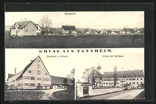 AK Tannheim, Gasthaus zum Hirsch, Kirche mit Schloss, Totalansicht