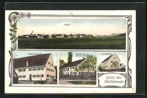 AK Wollishausen, Gasthaus, Handlung Martin Frey, Schule, Totalansicht