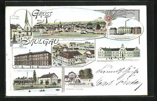 Lithographie Saulgau, Hotel zur Post, Siessener Säge, Schule, Fabrik Bachmann