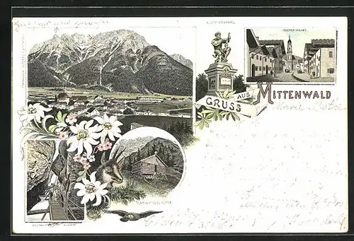 Lithographie Mittenwald, Leutasch Klamm, Karwendelhütte, Klotz Denkmal