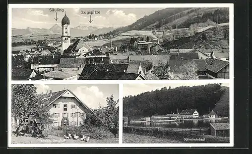 AK Nesselwang-Niederhöfen, Hotel-Pension Gut Berghof, Schwimmbad, Teilansicht mit Säuling u. Zugspitze