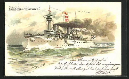 Künstler-AK Johann Georg Siehl-Freystett: Kriegsschiff S.M.S. Fürst Bismarck auf hoher See