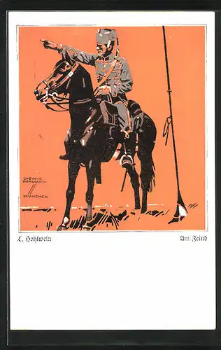 Künstler-AK Ludwig Hohlwein: Am Feind, Husar auf seinem Pferd gibt Kommando zum Angriff