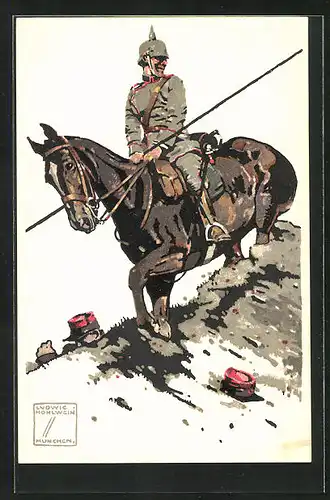 Künstler-AK Ludwig Hohlwein: Chevaulegers mit Pferd im Schlachtfeld, feindlicher Soldat kauert am Boden