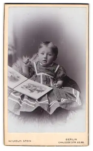 Fotografie Atelier Stein, Berlin, Chauseestrasse 65-66, Portrait kleines Mädchen im karierten Kleid mit Bilderbuch